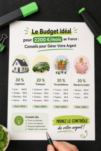 Femme heureuse gérant son budget de 2200€ en France