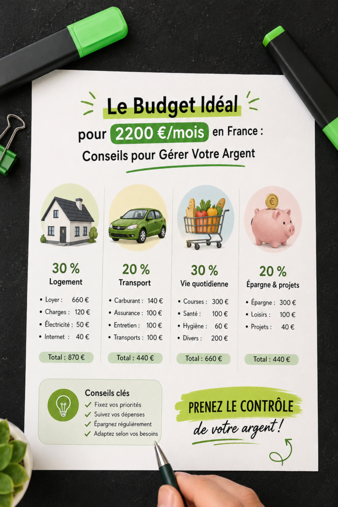 Femme heureuse gérant son budget de 2200€ en France