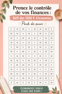 Femme souriante examinant son plan d'épargne avec un challenge de 1000 euros