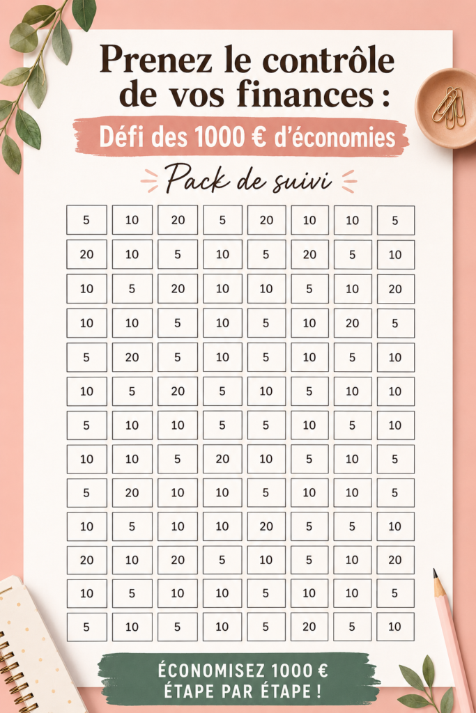 Femme souriante examinant son plan d'épargne avec un challenge de 1000 euros