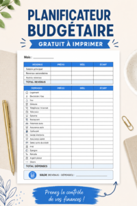 Un planificateur de budget imprimé sur une table en bois avec des stylos.