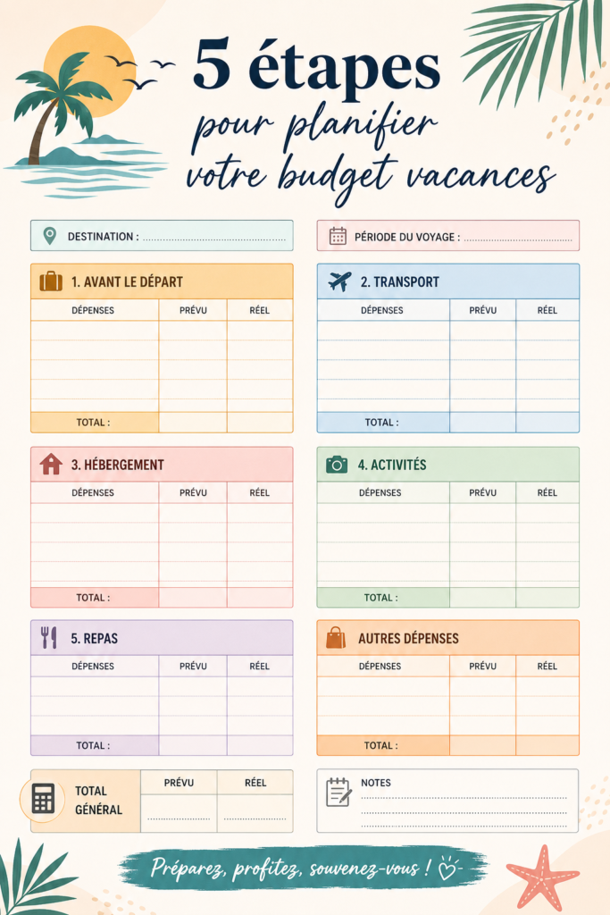 Femme planifiant son budget vacances avec un ordinateur et des notes.