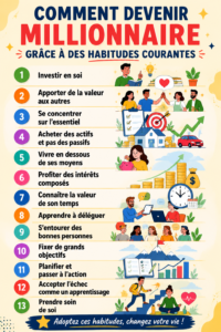 Femme méditant avec des symboles de richesse autour d'elle, représentant des habitudes à adopter pour devenir millionnaire.