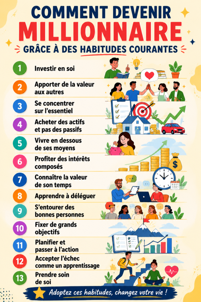 Femme méditant avec des symboles de richesse autour d'elle, représentant des habitudes à adopter pour devenir millionnaire.
