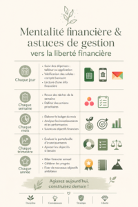 Femme souriante en train de gérer ses finances avec un carnet et un ordinateur