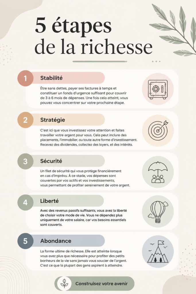 Une illustration représentant les 5 étapes financières vers la richesse