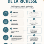 Illustration représentant les 5 piliers de la richesse avec des visuels de gestion financière.