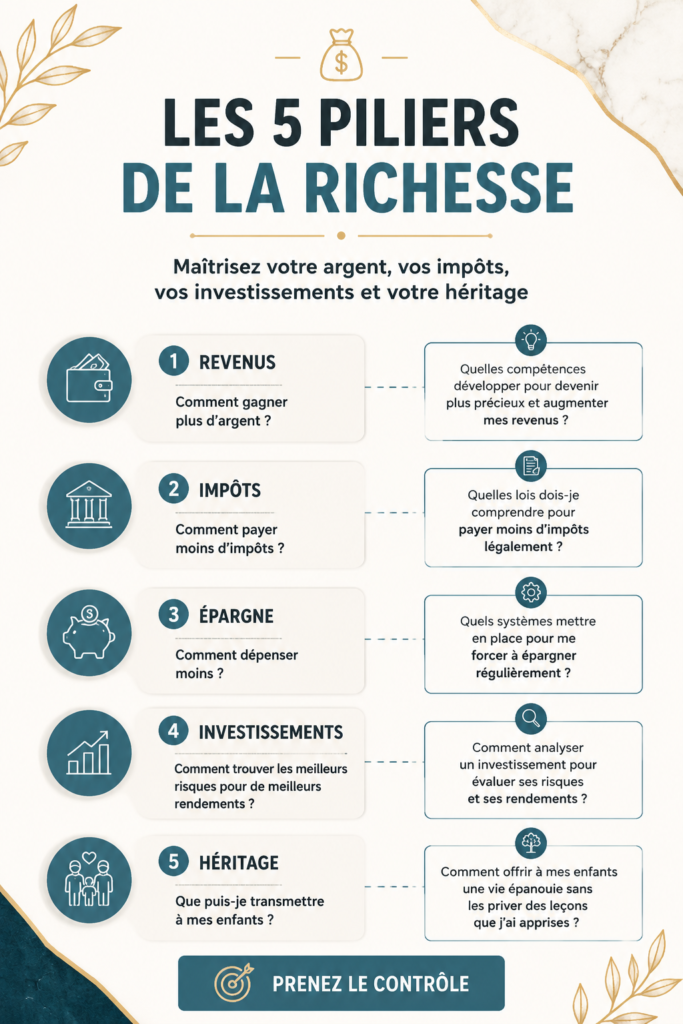 Illustration représentant les 5 piliers de la richesse avec des visuels de gestion financière.