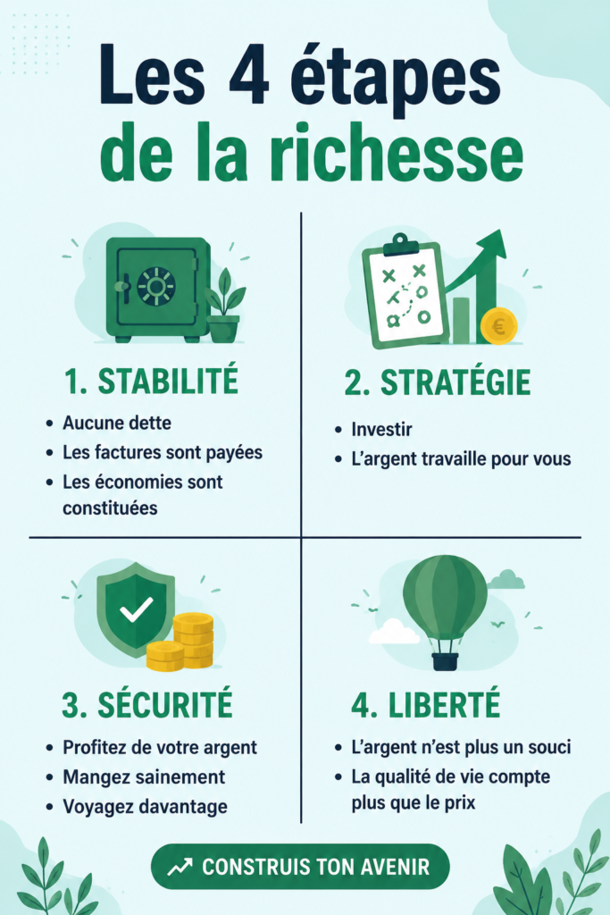 Image illustrant les 4 étapes vers la richesse personnelle