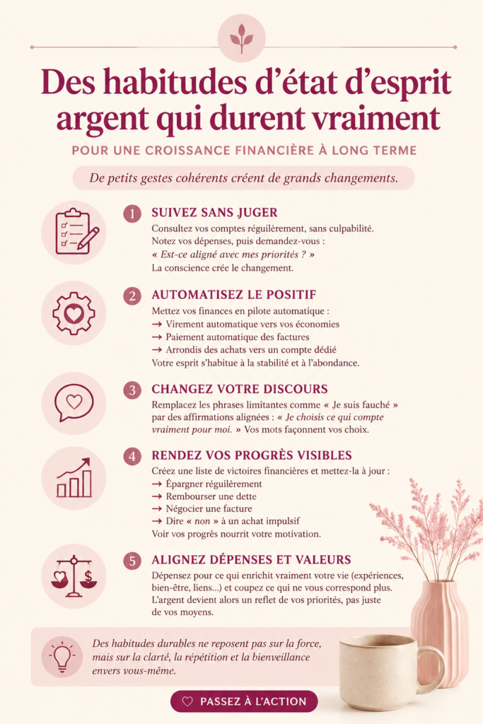 Femme réfléchissant à ses habitudes financières durables.
