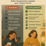 Femme souriante examinant ses finances devant un ordinateur, prenant des notes.