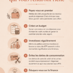 Une femme heureuse souriante, consultant son budget et ses économies pour atteindre ses objectifs financiers.
