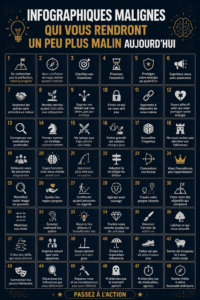 Une collection d'infographies engageantes sur un fond coloré, évoquant l'apprentissage et la curiosité.