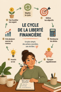 Femme heureuse planifiant ses finances pour la liberté financière.