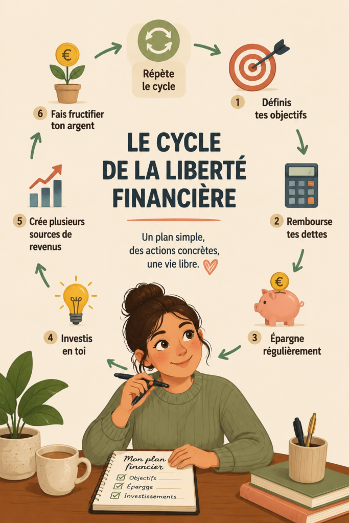 Femme heureuse planifiant ses finances pour la liberté financière.