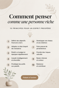 Femme souriante qui lit un livre sur la réussite financière, symbolisant la pensée positive