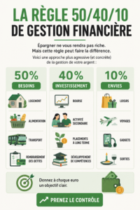 Illustration de la règle 50/40/10 pour la gestion financière.