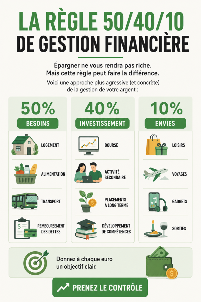 Illustration de la règle 50/40/10 pour la gestion financière.