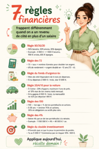 Une femme souriante, tenant un carnet de finances, avec des graphiques de budget en arrière-plan.