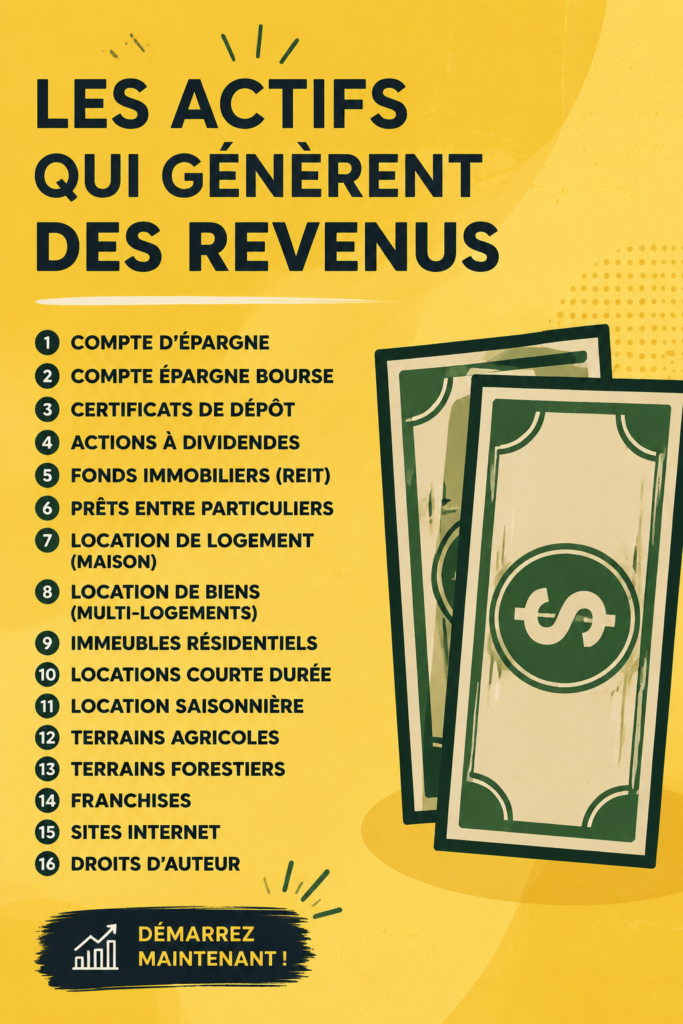 Un graphique illustrant les différents actifs générateurs de revenus dans une présentation claire.
