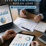 Femme consultant un service d'audit hypothécaire en ligne, entourée de documents financiers.