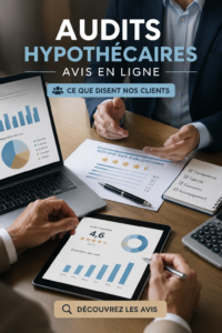 Femme consultant un service d'audit hypothécaire en ligne, entourée de documents financiers.