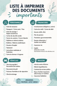Checklist de documents importants sur un bureau, avec des papiers et stylos