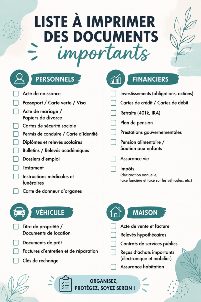 Checklist de documents importants sur un bureau, avec des papiers et stylos