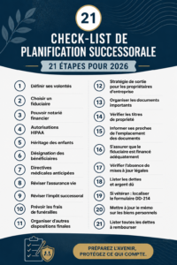 Une femme examine une checklist de planification successorale pour l'année 2026 dans un cadre chaleureux et organisé.