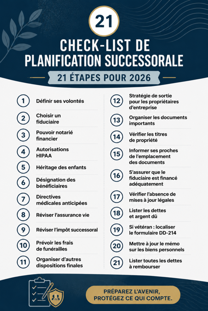 Une femme examine une checklist de planification successorale pour l'année 2026 dans un cadre chaleureux et organisé.