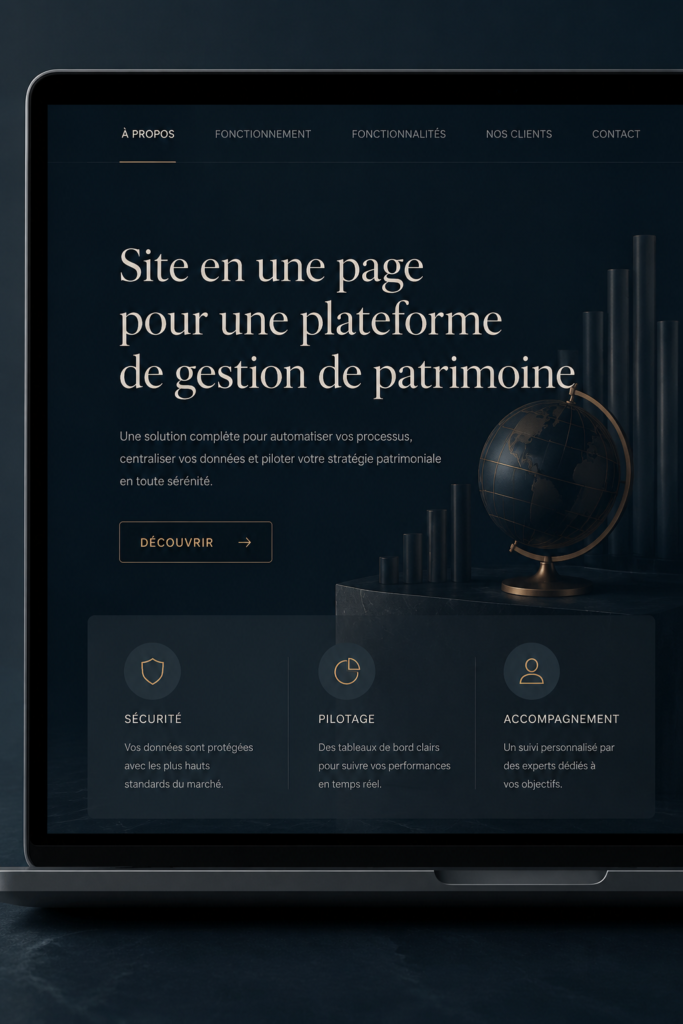 Illustration d'un site web pro sur la gestion de patrimoine avec des graphiques et des informations.