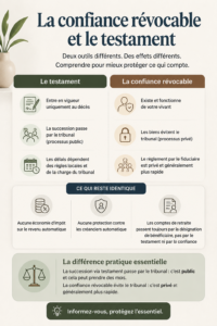 Illustration représentant une fiducie et un testament en contraste pour la planification successorale.