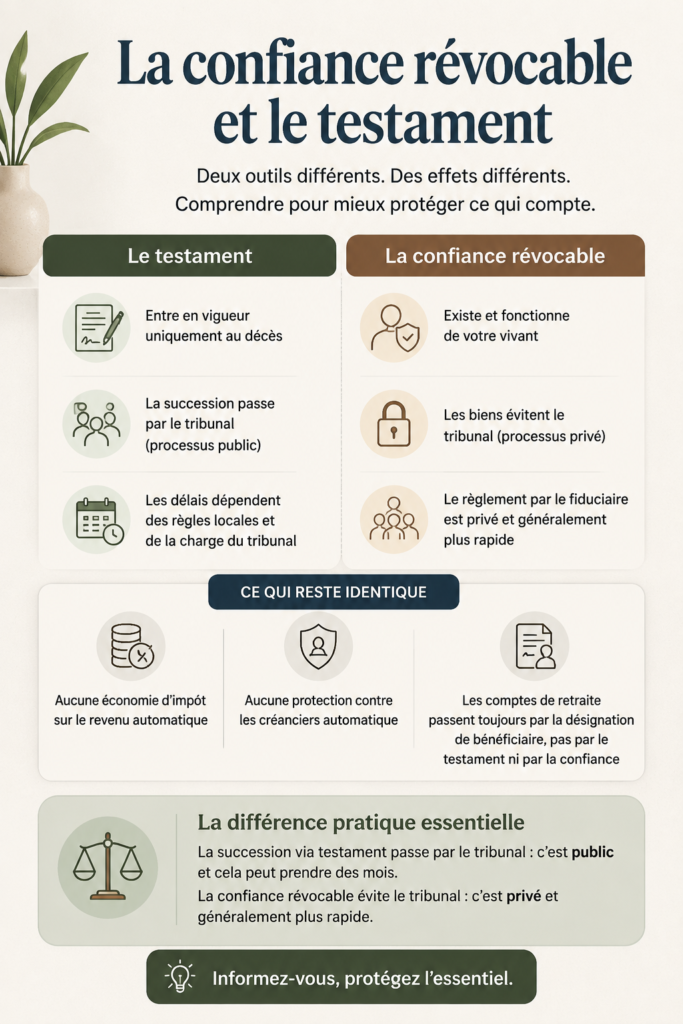 Illustration représentant une fiducie et un testament en contraste pour la planification successorale.
