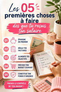 Femme réfléchissant à la gestion de son salaire avec un carnet et un stylo, symbole de la planification financière.