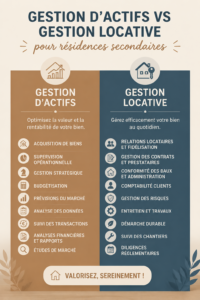 Illustration représentant une maison secondaire avec des éléments de gestion d'actifs et immobiliers