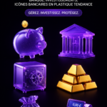 Icônes financières colorées représentant la banque et les investissements