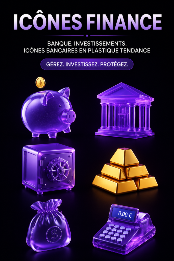 Icônes financières colorées représentant la banque et les investissements