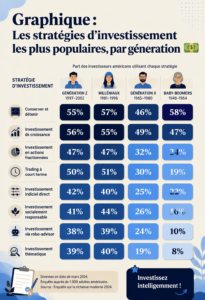Infographie sur les stratégies d'investissement par génération, adaptée aux femmes de 30 à 50 ans.