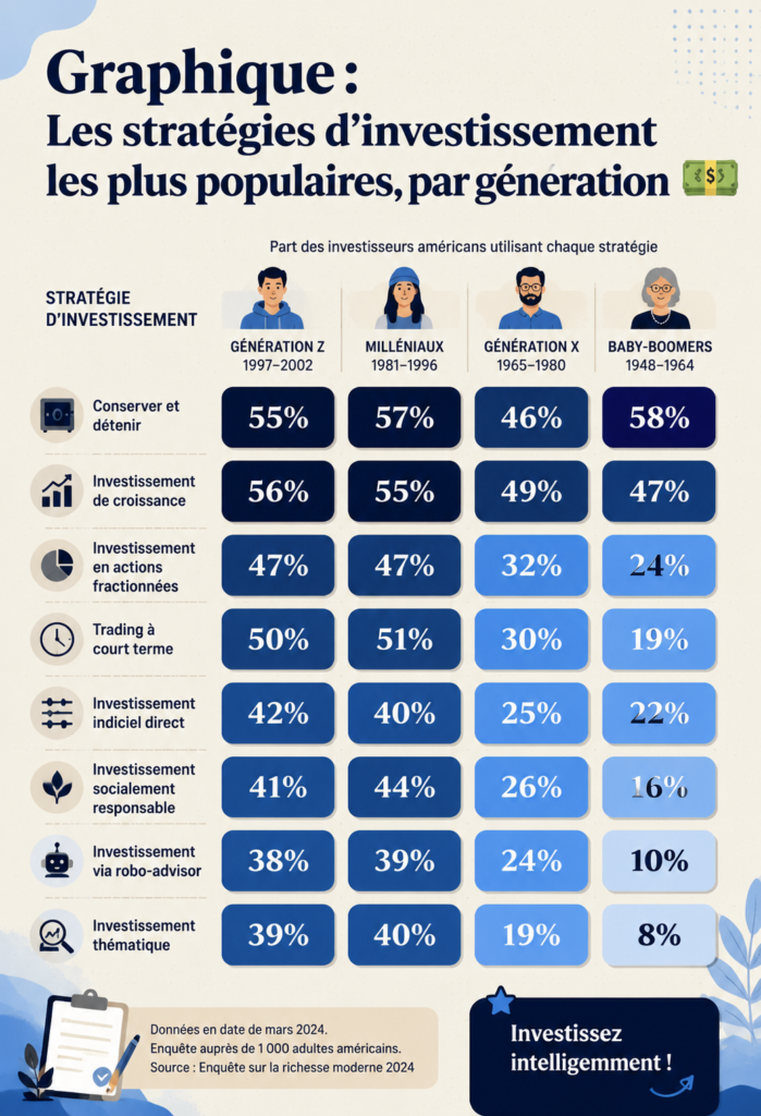 Infographie sur les stratégies d'investissement par génération, adaptée aux femmes de 30 à 50 ans.
