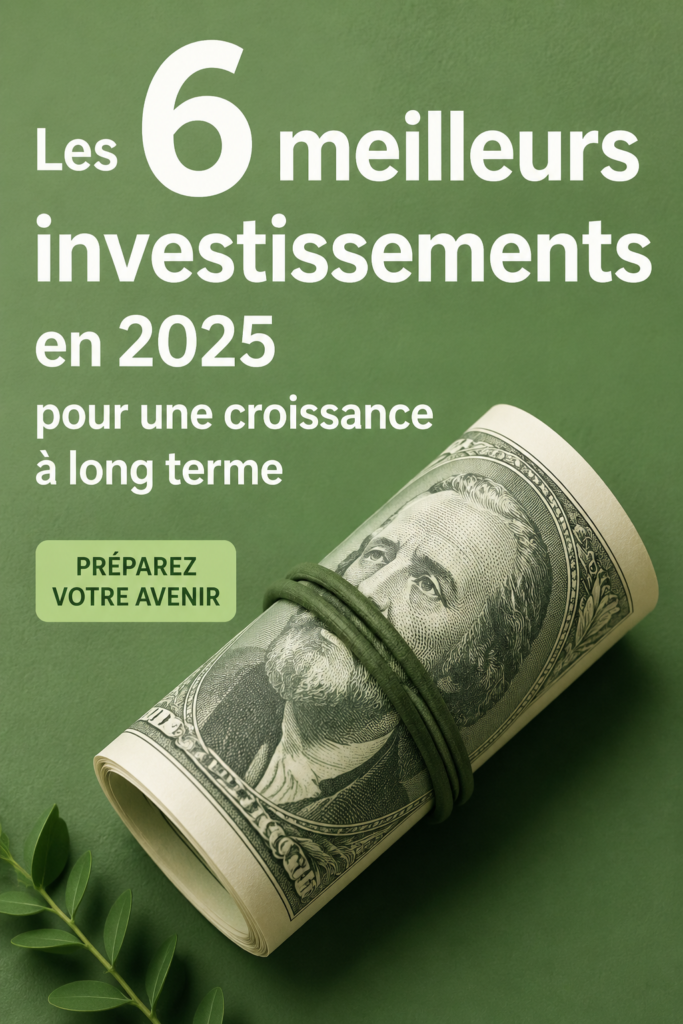 Infographie représentant les six meilleures options d'investissement pour 2025, avec des éléments visuels attractifs.