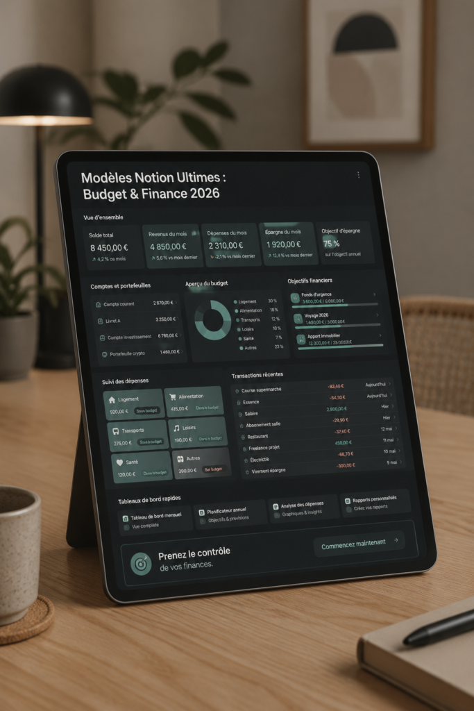 Un écran d'ordinateur affichant un modèle Notion de gestion de budget pour 2026.