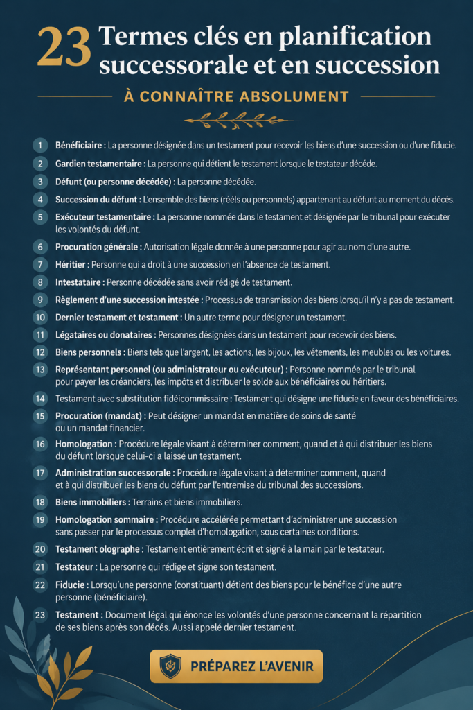 Illustration d'un document de planification successorale avec des mots clés en surbrillance