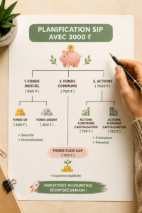 Femme réfléchissant à un plan d’épargne avec 3000 ₹