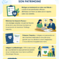 Une femme souriante regardant des documents de planification successorale.
