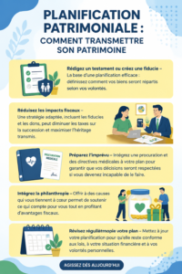 Une femme souriante regardant des documents de planification successorale.