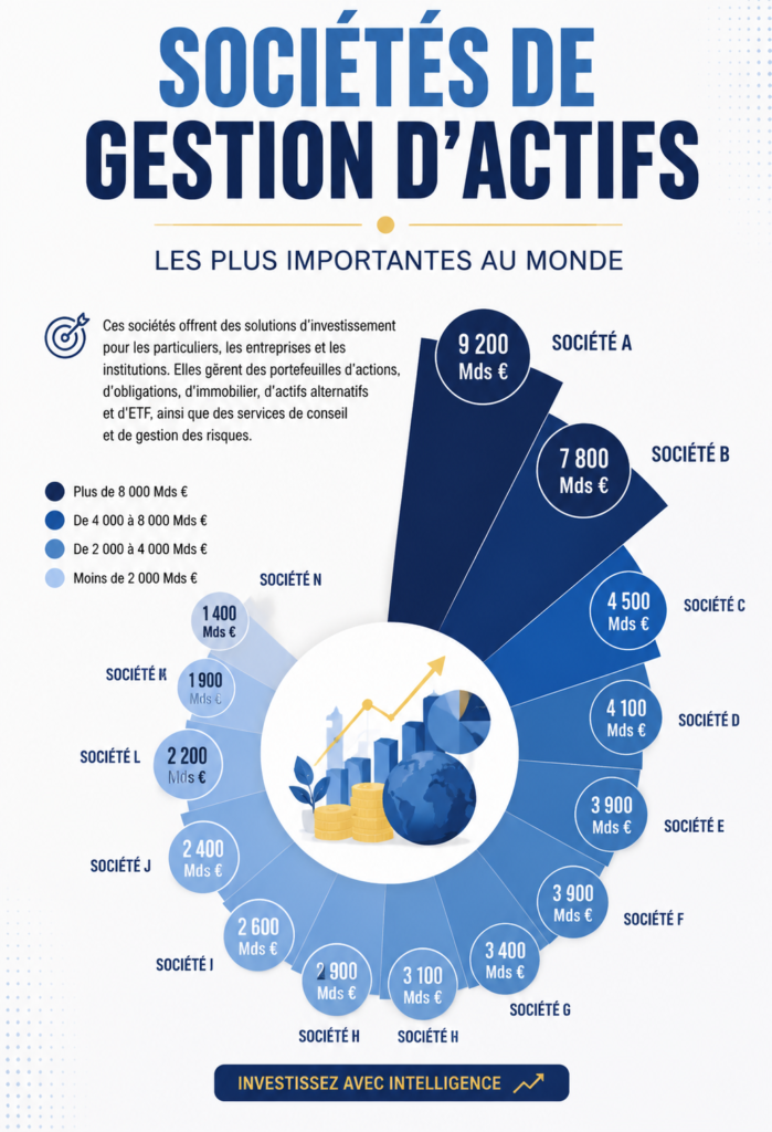 Illustration d'une société de gestion d'actifs avec des graphiques financiers.