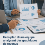 Équipe analysant des graphiques de revenus sur un ordinateur moderne pour optimiser leur stratégie de téléchargement.