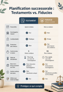 Image illustrant la planification successorale avec des documents de testament et de fiducie sur une table.