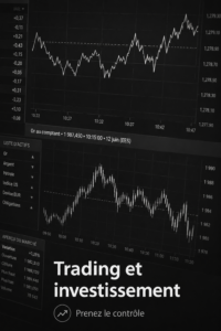 Une femme souriante vérifiant ses investissements sur son ordinateur avec des graphiques de trading en arrière-plan.