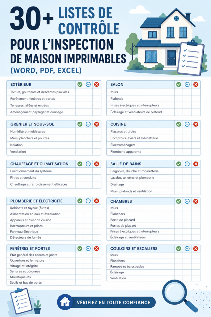 Modèle de check-list d'inspection immobilière conçu pour faciliter l'évaluation d'un bien immobilier.